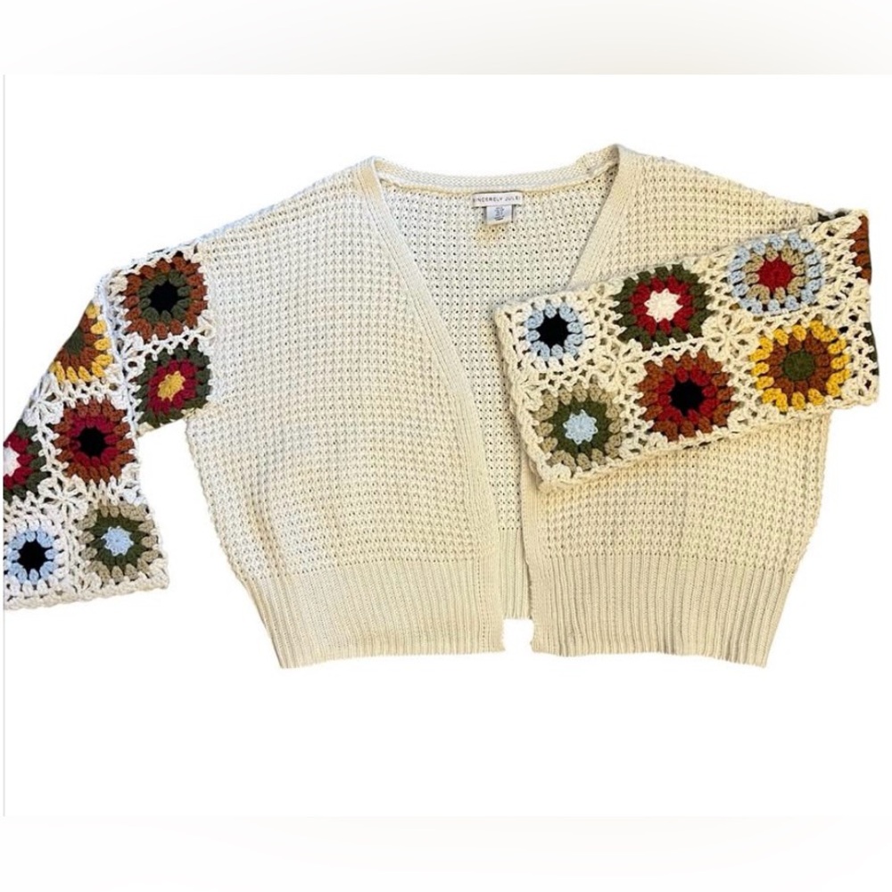 Sincerely Jules Cream Cardigan with Multicolor Crochet Sleeve Accents Size XL